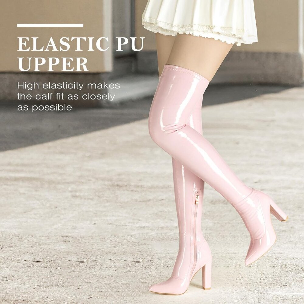 Women Pink Patent Leather PU Over The Knee High Pointed Toe Long Tall Boots - Picture 2 of 5